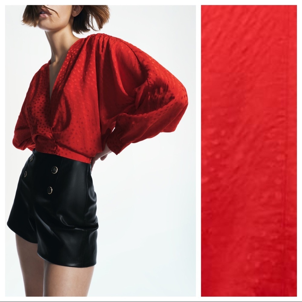 NWT.  Zara Red Polka Dot Jacquard Cropped Top. Size S.